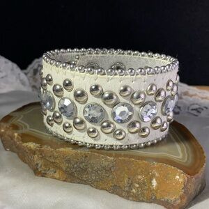 White Leather Wide Silver Stud and Rhinestone Snap Bracelet